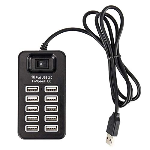 10-port USB 2.0 hub with power switch and cable on a white background