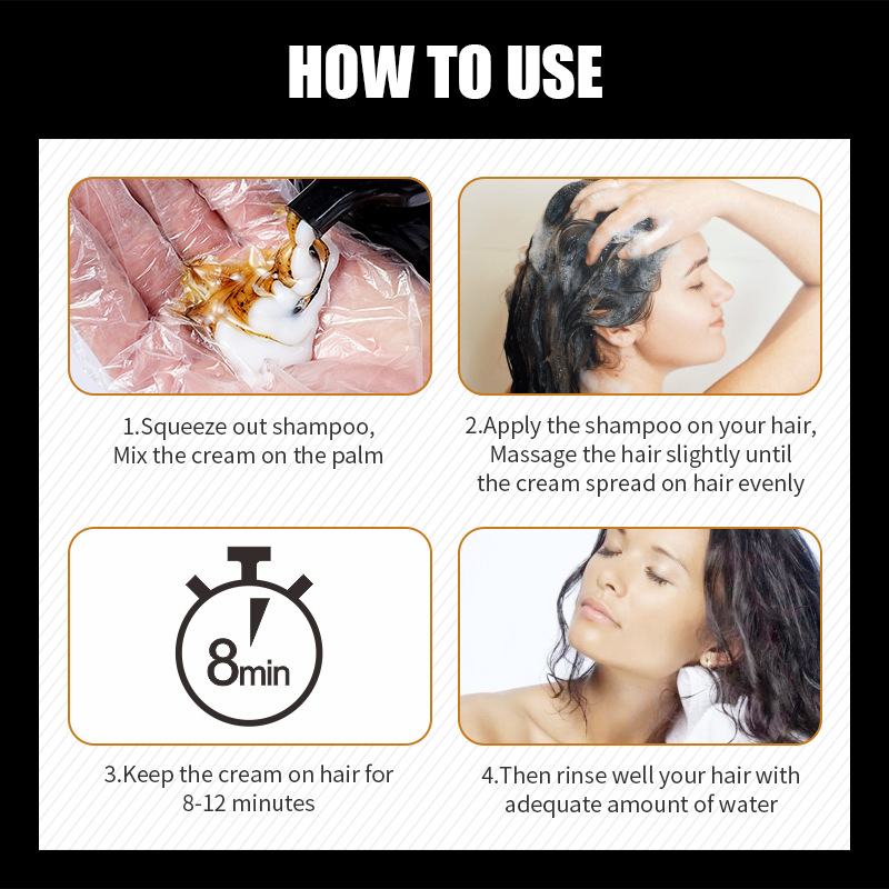Instructions on how to use shampoo and cream for hair care.