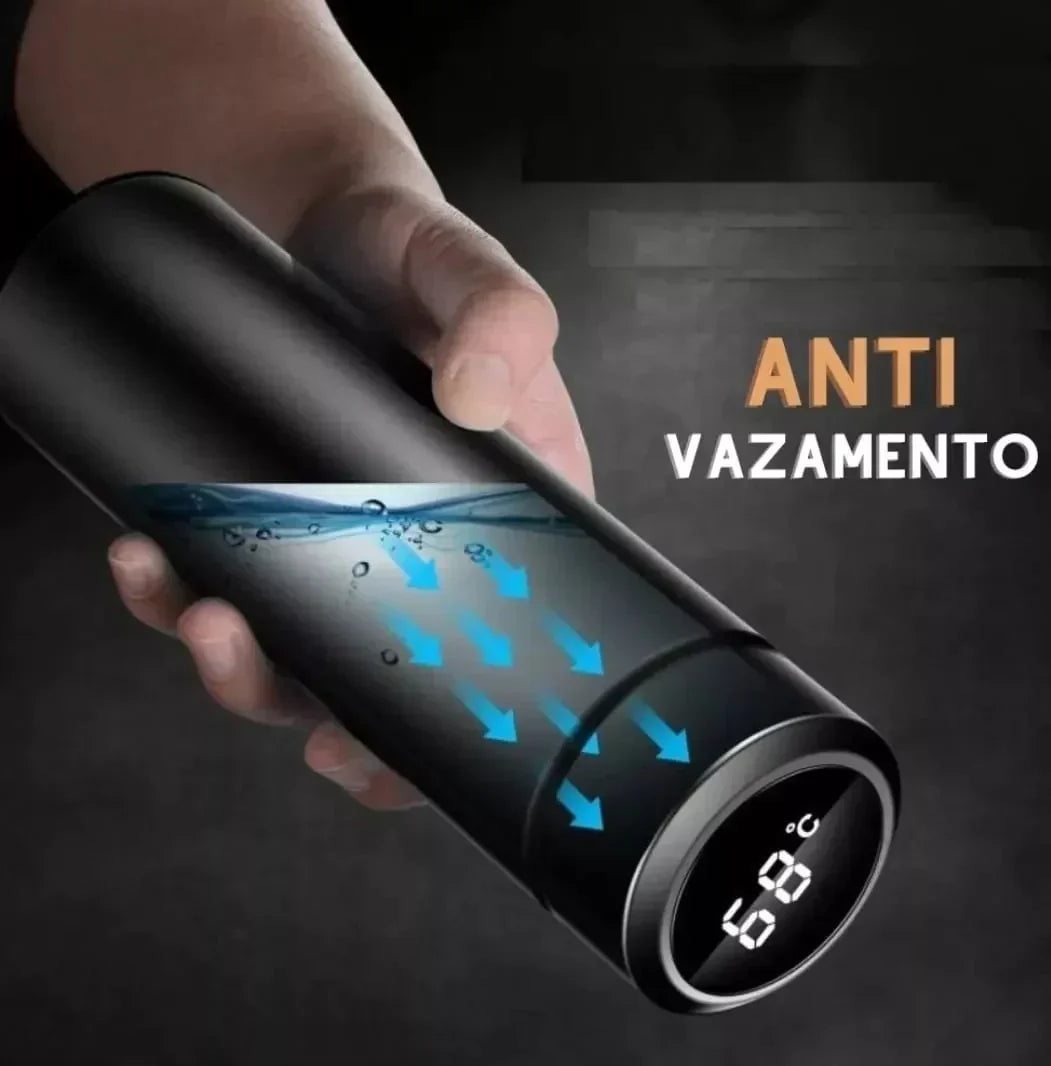 Black electronic device with digital display held by a hand, labeled 'ANTI VAZAMENTO' on a dark background.