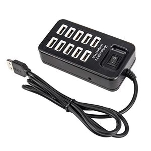 Black USB hub with multiple ports and power switch on a white background