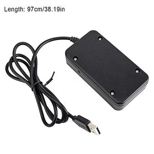 Black power adapter with USB cable on a white background