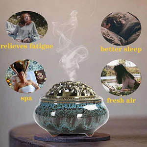 Ceramic diffuser with smoke emitting from it, surrounded by images of people and text describing benefits.