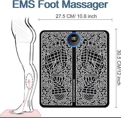 EMS Foot Massager with dimensions and a diagram of foot massage points.