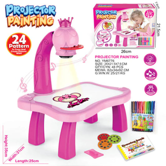 Pink projector painting toy set with accessories on a white background