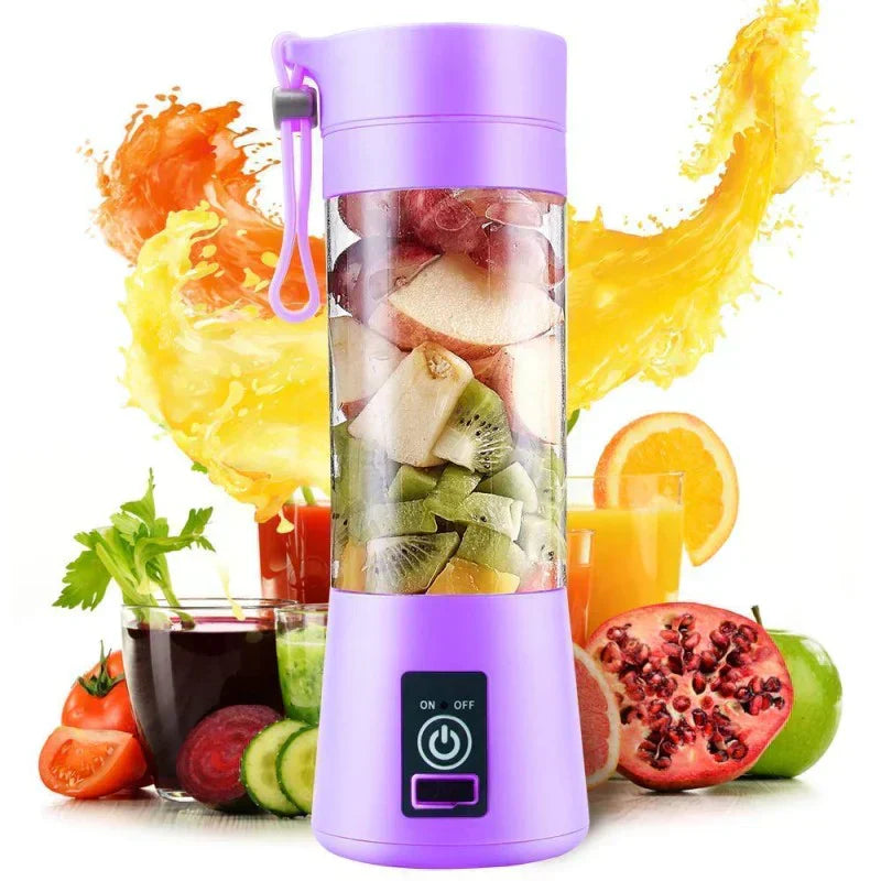 Purple portable blender with fruits and vegetables around on a white background