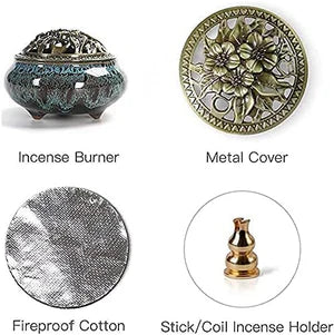 Collection of incense accessories including an incense burner, metal cover, fireproof cotton, and stick/coil incense holder on a white background.