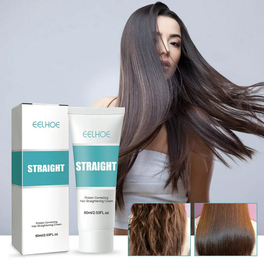 Eelhoe hair straightening product with a woman displaying straight hair against a gray background