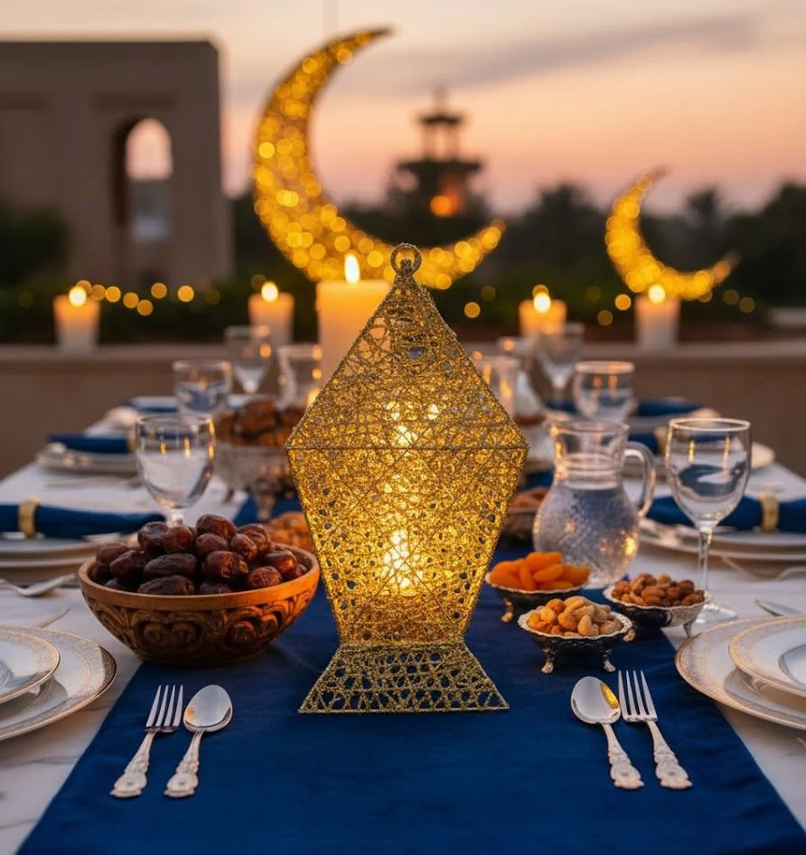 Decorative table setting with a gold lantern, plates, and cutlery against a sunset backdrop.