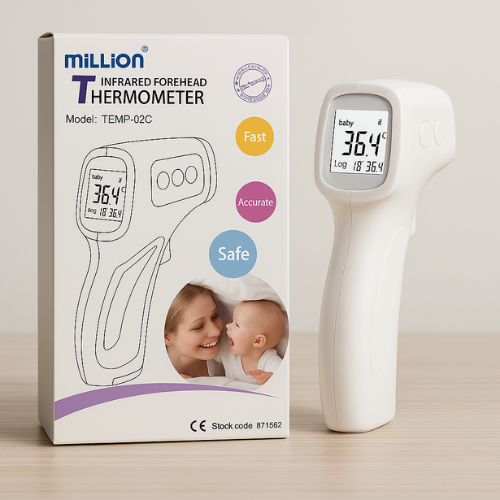 Infrared forehead thermometer with packaging on a light background