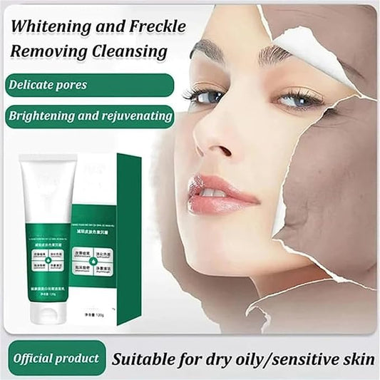 Product packaging for whitening and freckle removing cleansing with a woman's face on a white background.